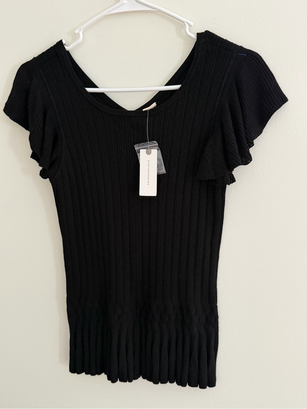 Moth Anthropologie Black Ribbed Scoop-Neck Flutter Sleeve Sweater Top SizeS NWT